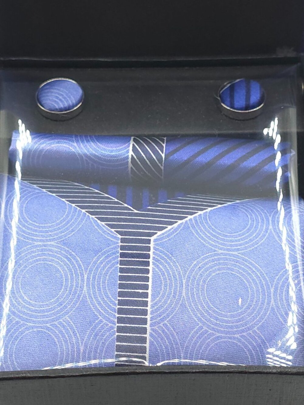 George Martin Collection Men's Blue Patterned Tie Set W/ Cufflinks & Pocket Squa - Picture 2 of 7